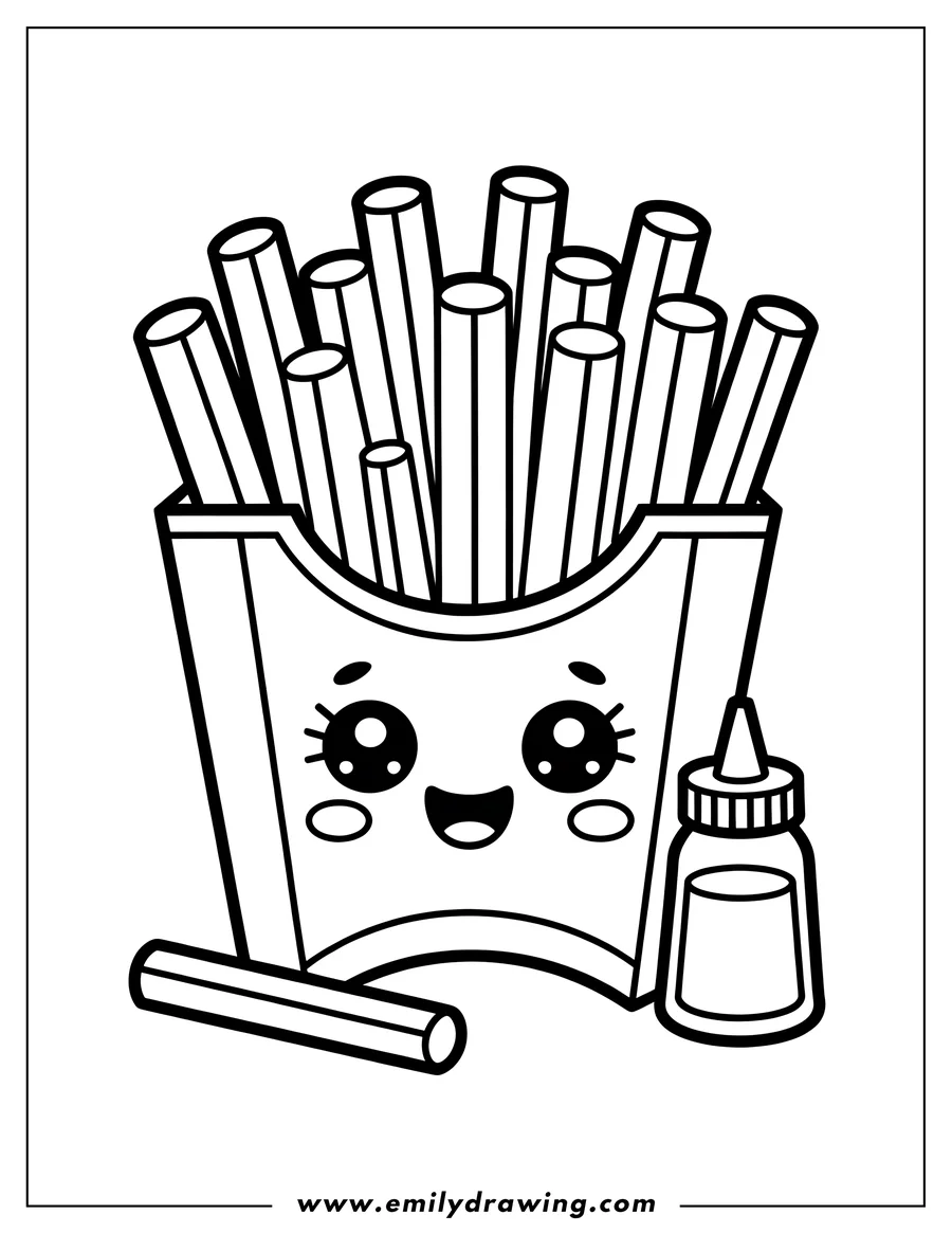 Line art of a box of french fries with a cute, happy face and a bottle of ketchup next to it.