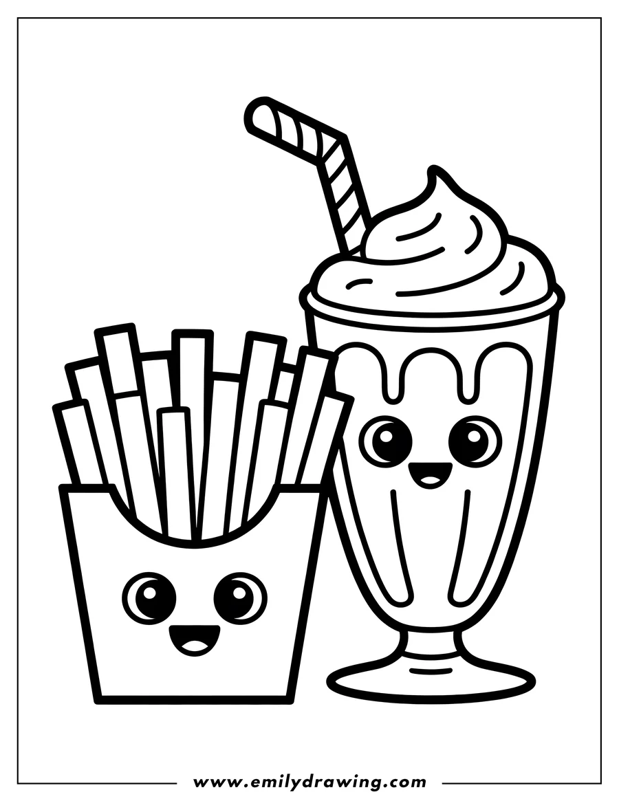 Line art of a carton of French fries and a milkshake in a tall glass with whipped cream and a striped straw. Both the fries and the milkshake have cute, smiling faces.