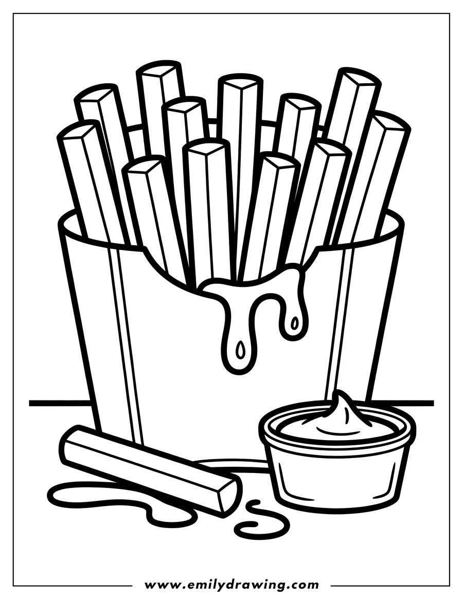 Line art of french fries in a container with dipping sauce and a single fry dipped in sauce.