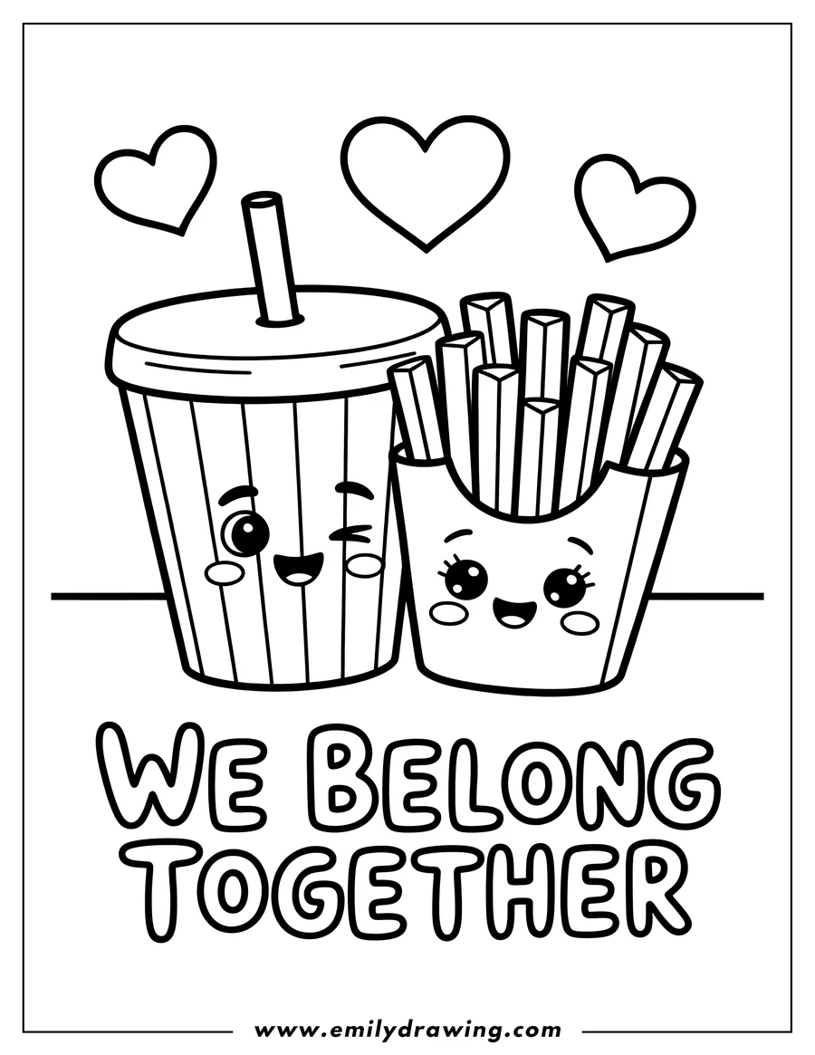 Outline of french fries and a soda with cute faces and hearts above them.