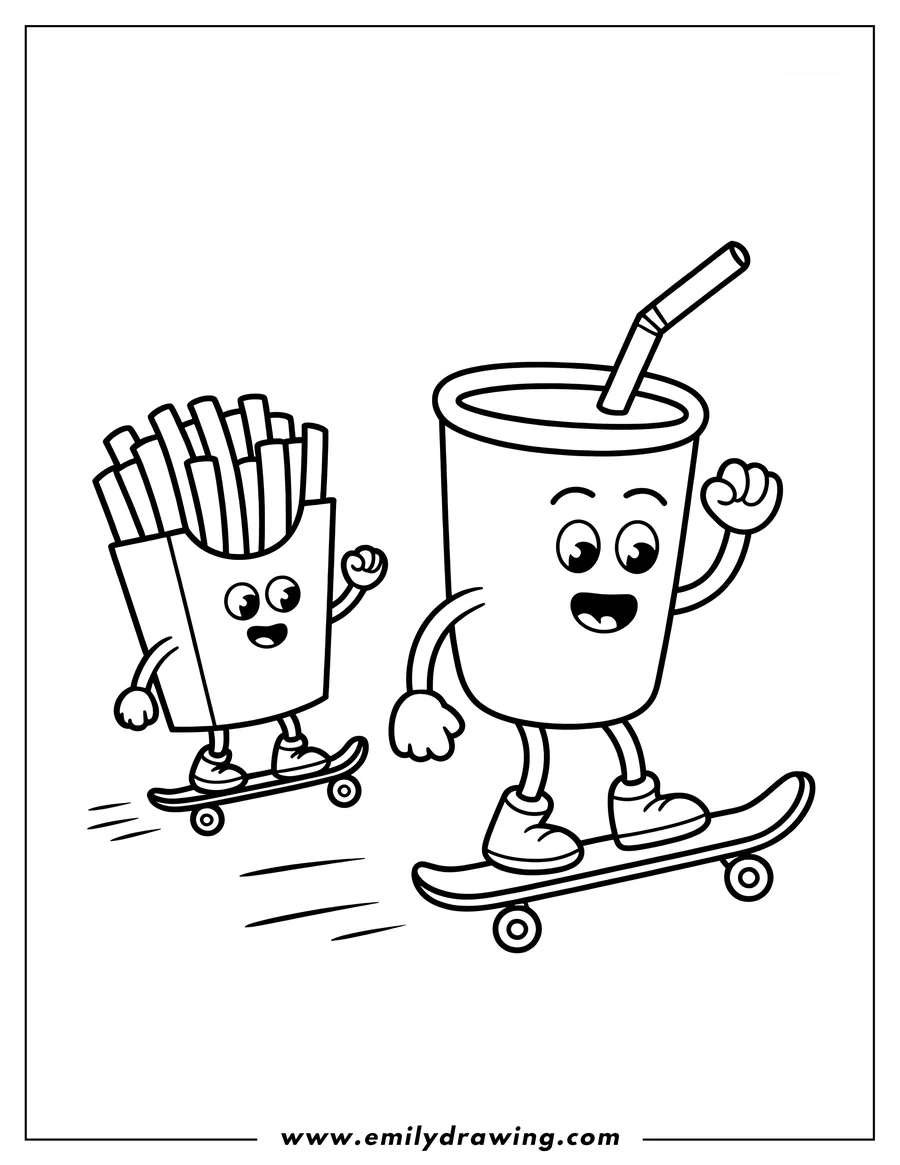 Line art of French fries and a soda cup skateboarding. They have happy faces and are moving quickly on their boards.