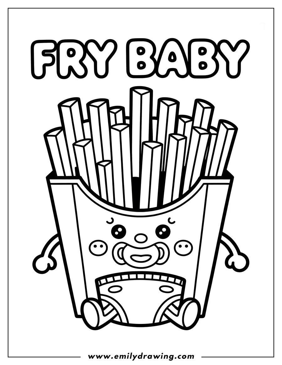Outline drawing of baby french fries wearing a diaper and a pacifier.