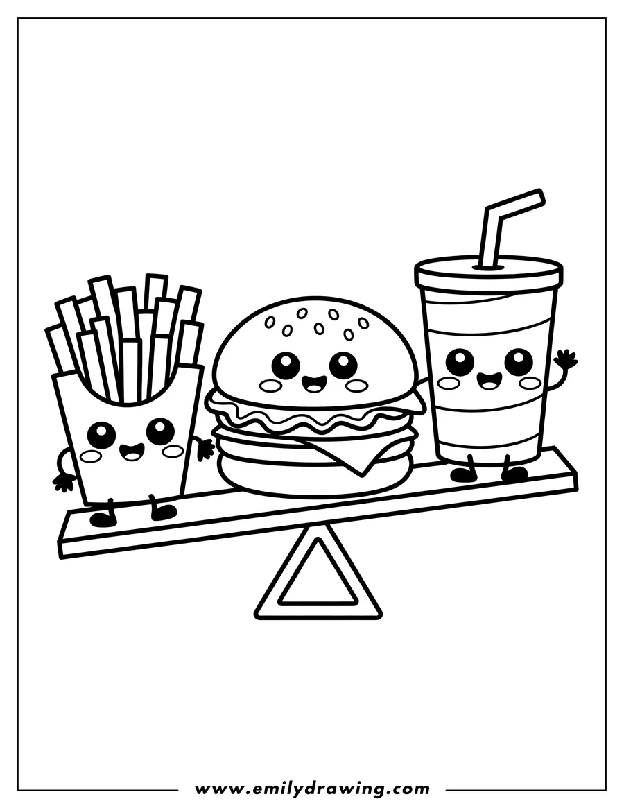 Line art of french fries, a burger, and a soda with faces and limbs balancing on a seesaw.