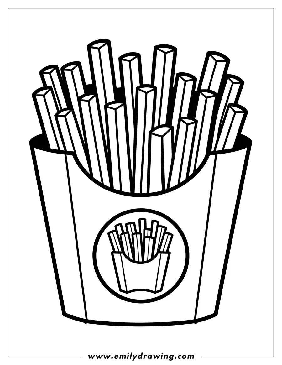 Line art of french fries in a container, ready to be colored.