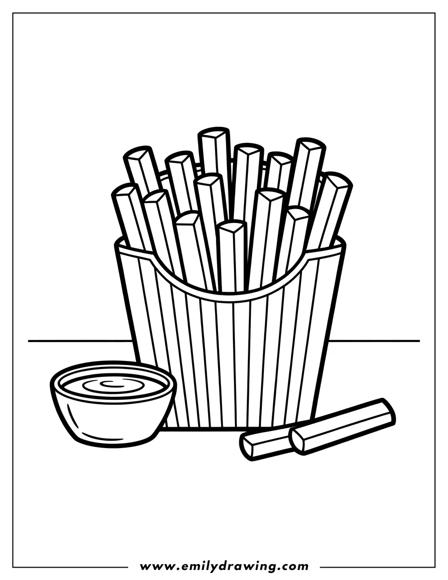 Outline of french fries in a striped container with a small bowl of dipping sauce and two fries on the table.