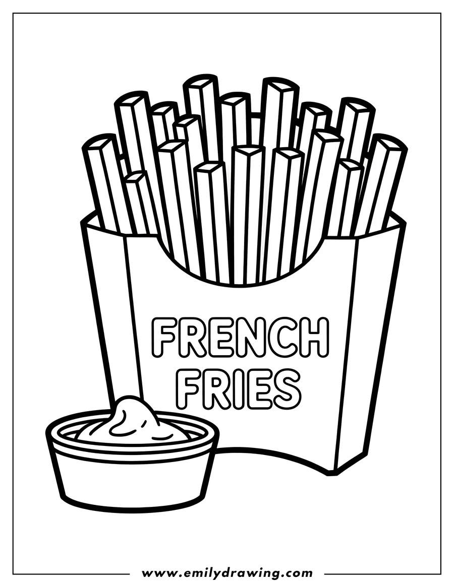 Outline of French fries in a container with a small container of dipping sauce.