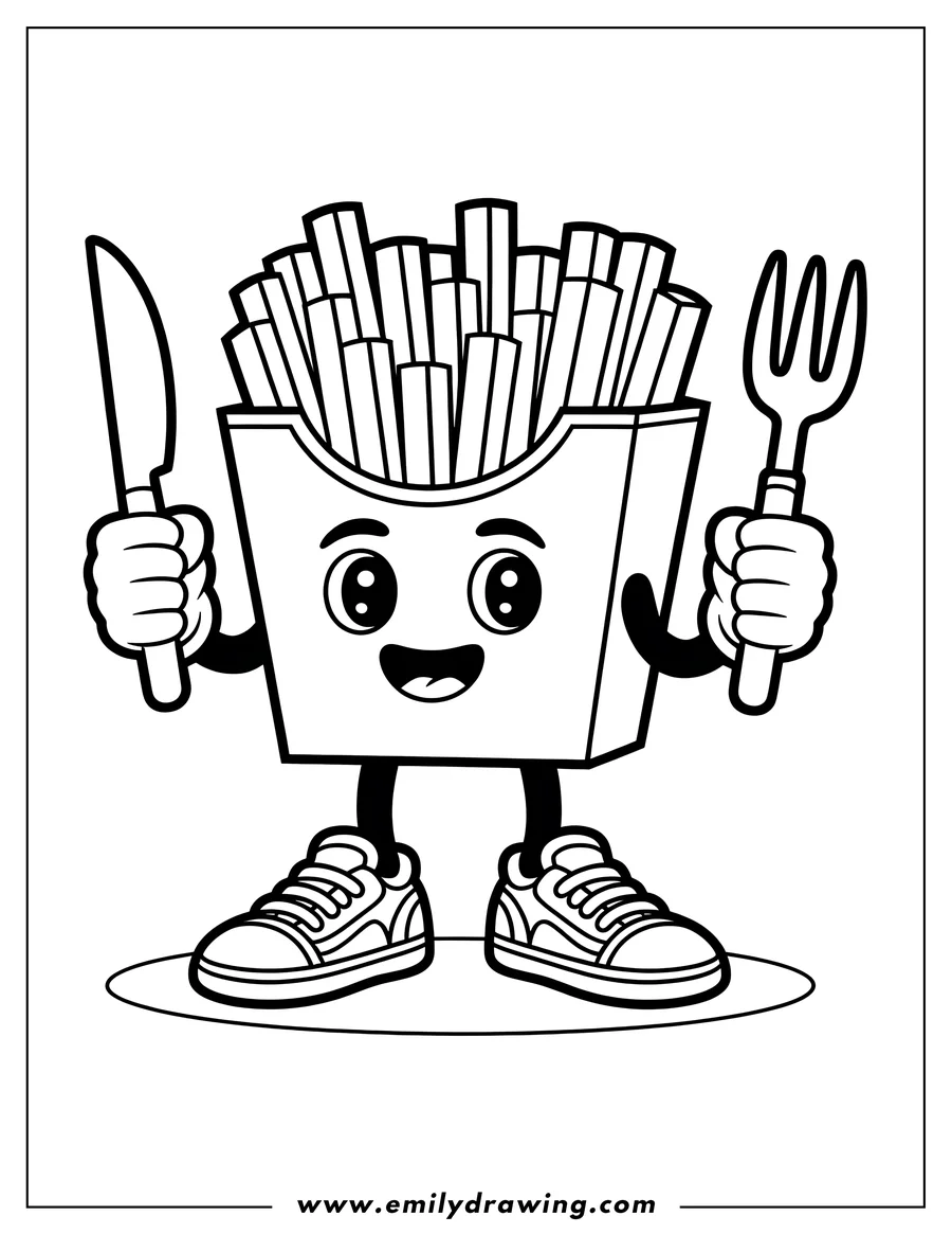 Line art of a box of french fries holding a fork and knife, ready to eat. They're wearing sneakers and have a happy expression.