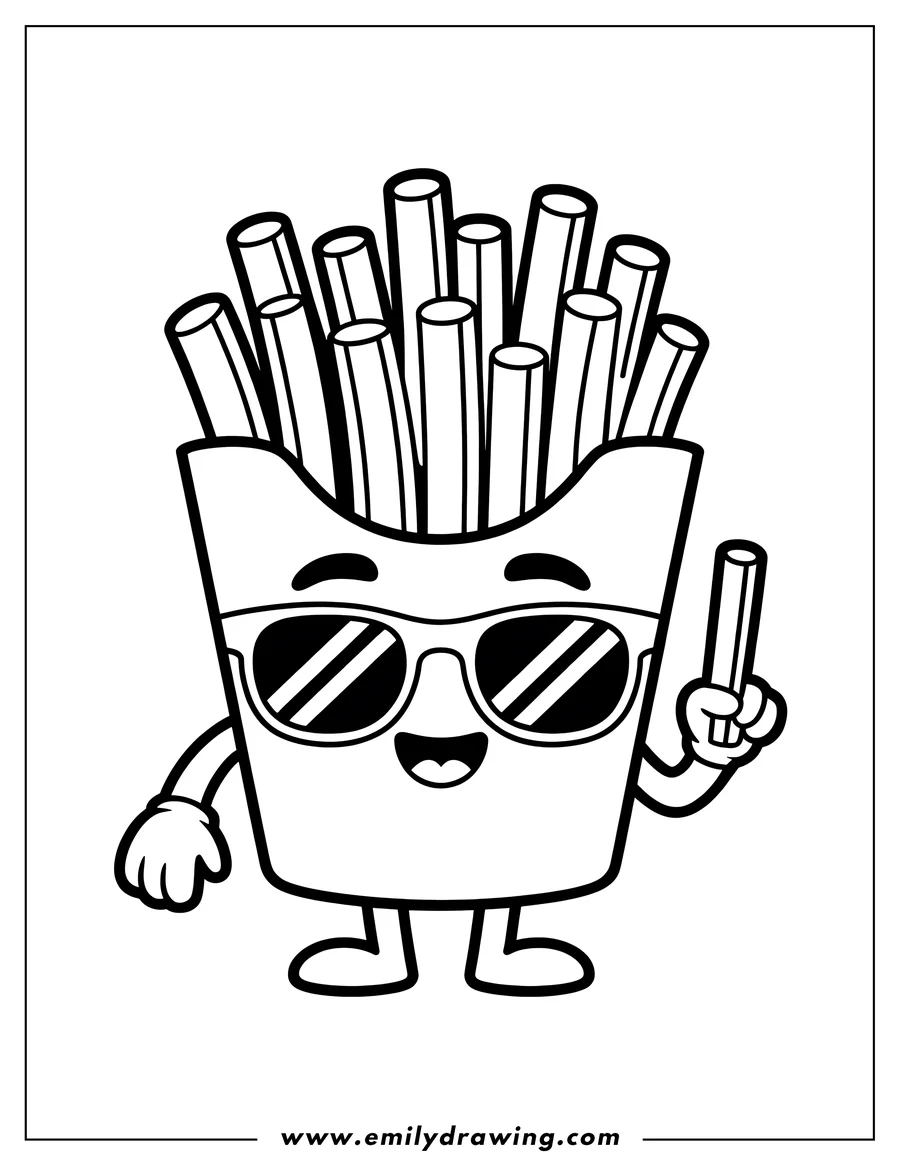 Outline of cartoon french fries wearing sunglasses and holding a single fry.