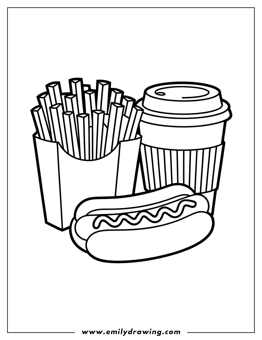 Line art of french fries in a container, a hot dog, and a drink cup.