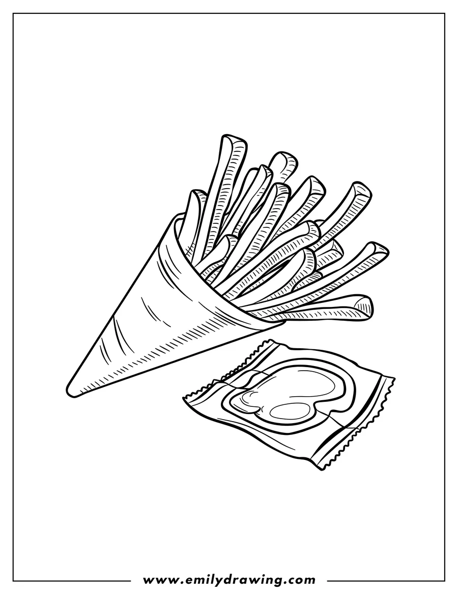 Line art of French fries in a cone with a ketchup packet. Perfect for coloring!