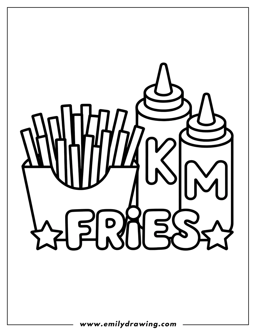 Line art of french fries in a container with bottles of ketchup and mustard and the word
