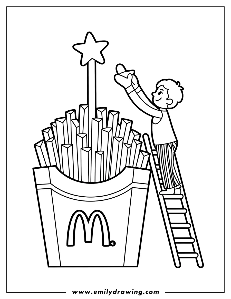 Line art of a person standing on a ladder reaching to place a star on top of a container of french fries. The container has a stylized 'M' on it.