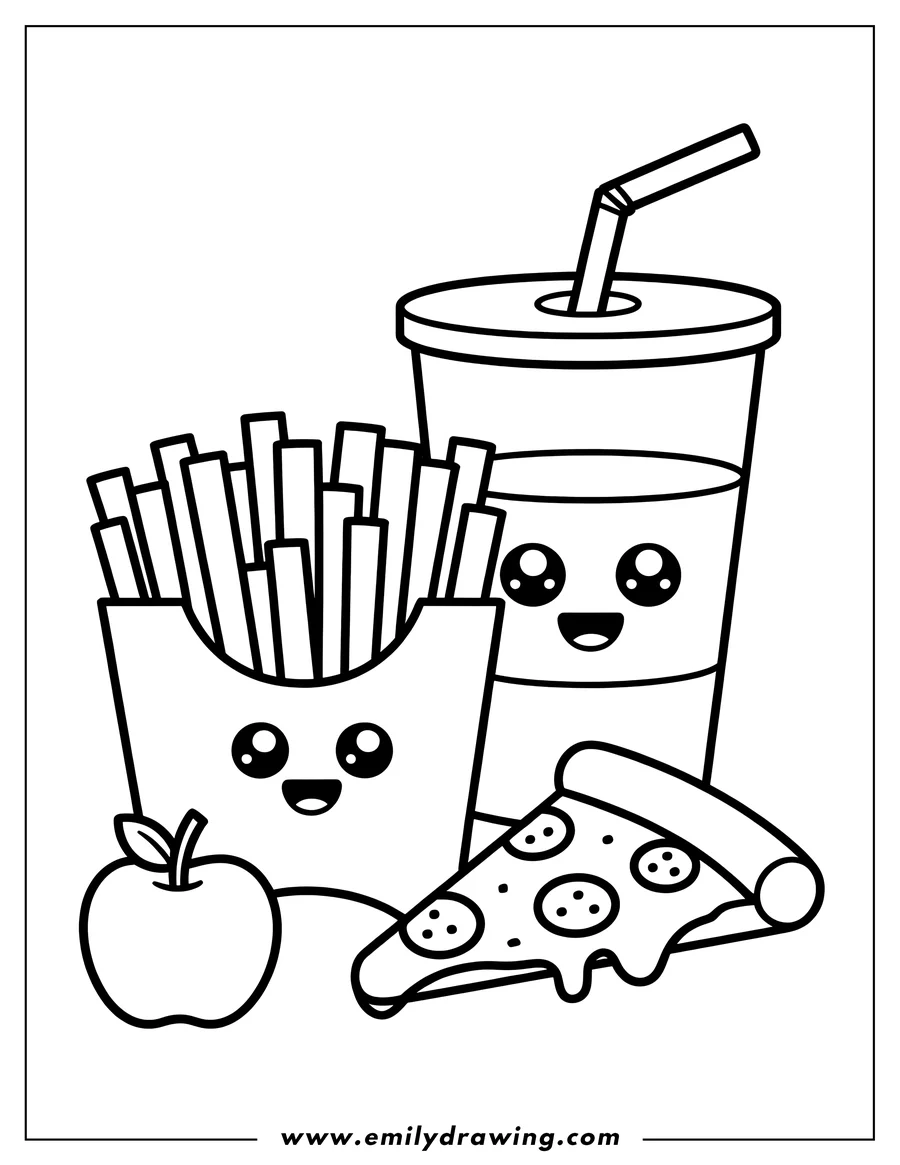 Outline of French fries, a slice of pepperoni pizza, a soda with a straw, and an apple, all with cute, smiling faces.