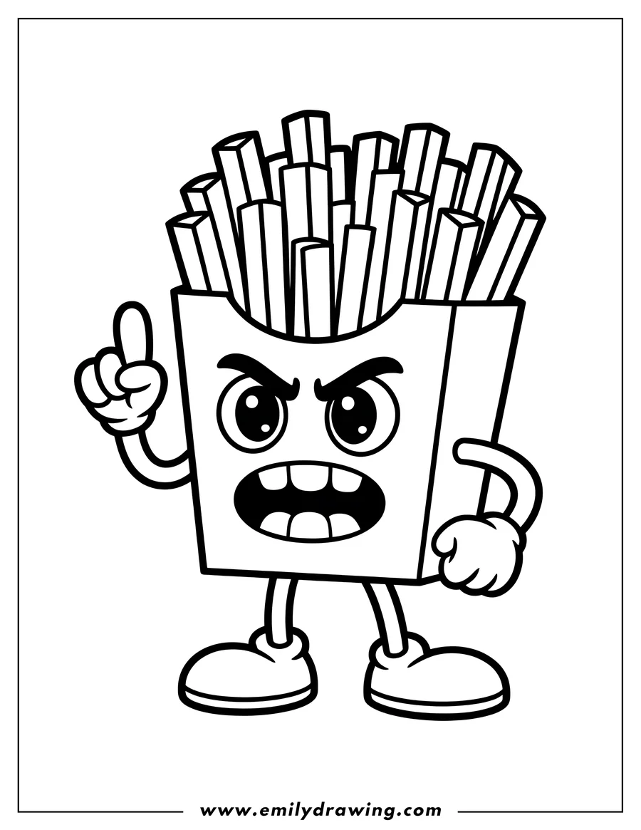 Line art of a carton of french fries pointing, with a serious expression.