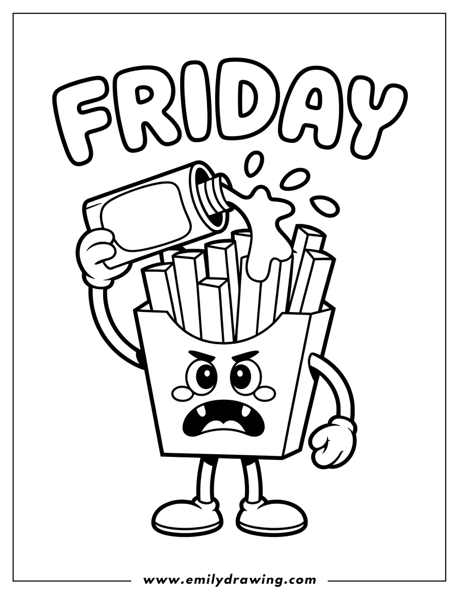 Line art of French fries pouring ketchup from a bottle over themselves. The fries container has a surprised expression.