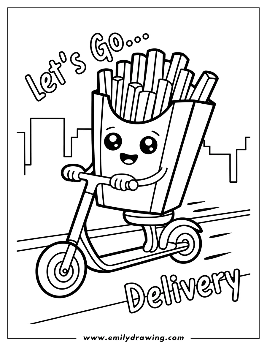 Outline of French fries with a cute, smiling face riding a scooter against a simple city backdrop.