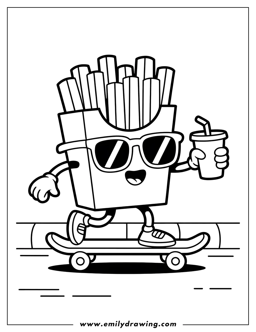 Line art of french fries wearing sunglasses and skateboarding while holding a drink.