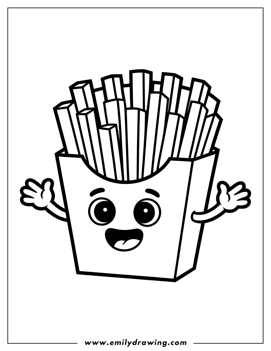 Line art of a carton of french fries waving. The fries have a happy face.
