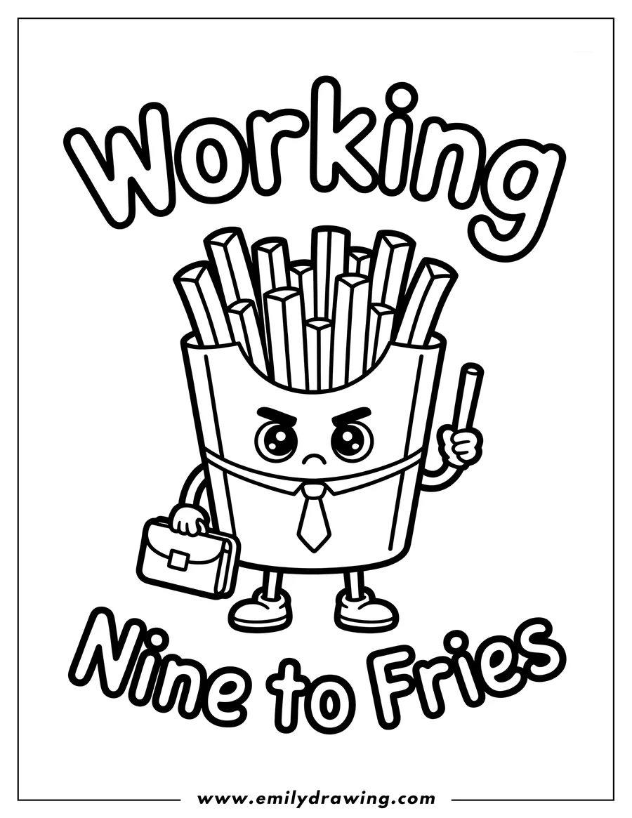 Line art of french fries wearing a tie and holding a briefcase with the words