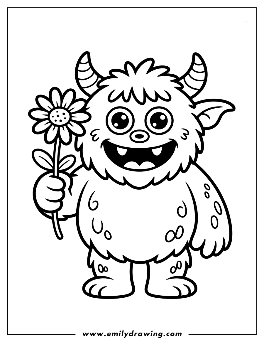 Line art of a friendly, furry monster holding a daisy with a big smile.