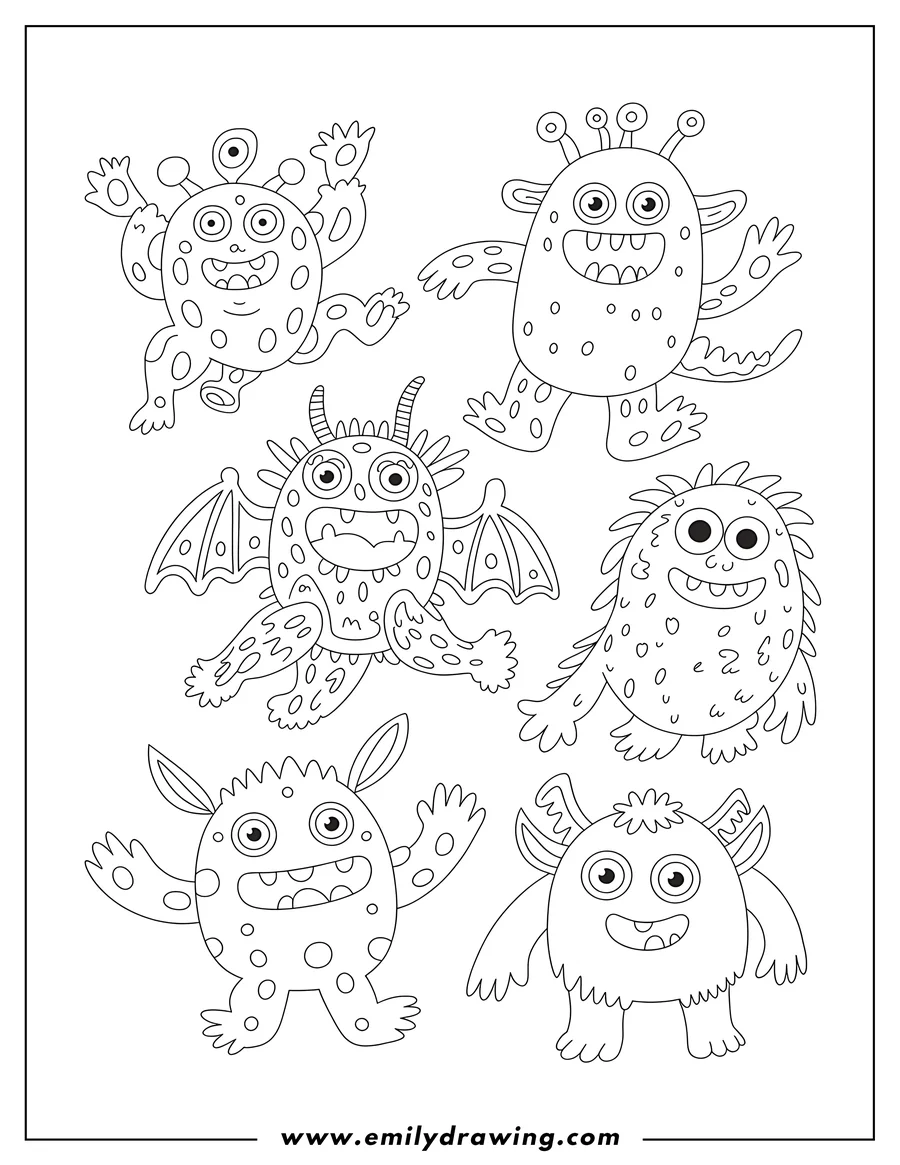 Line art of six friendly monsters waving.  Each monster has a unique design, some with horns, wings, and spots.