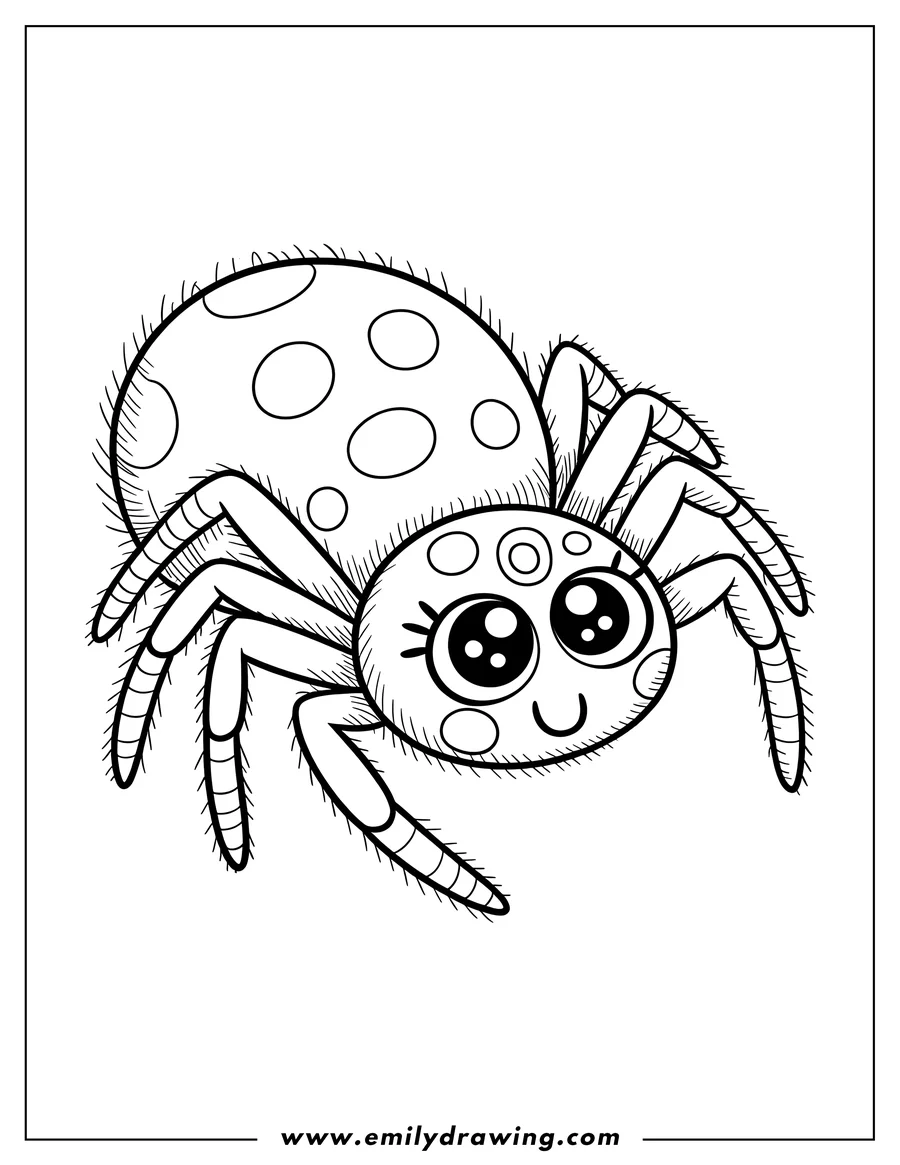 Outline of a friendly spider with large, expressive eyes and hairy legs.