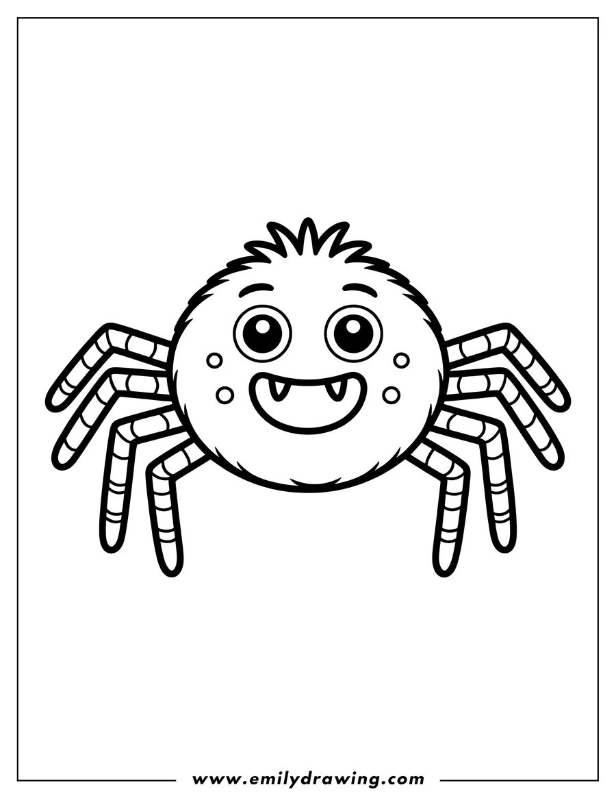 Line art of a friendly smiling spider. It has big eyes and a wide grin, ready to be colored.