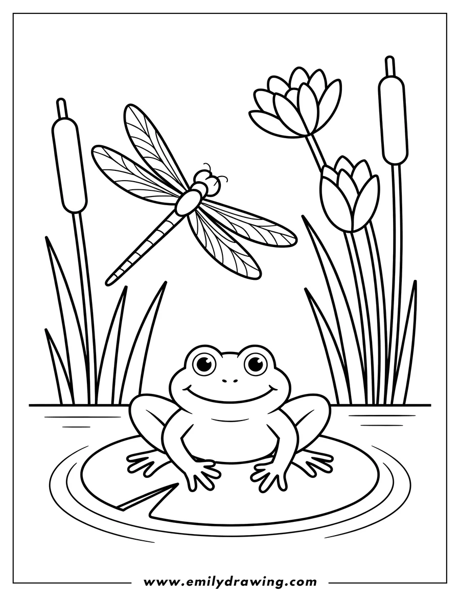 Line art of a frog sitting on a lily pad in a pond, with a dragonfly flying nearby and cattails and water lilies in the background.