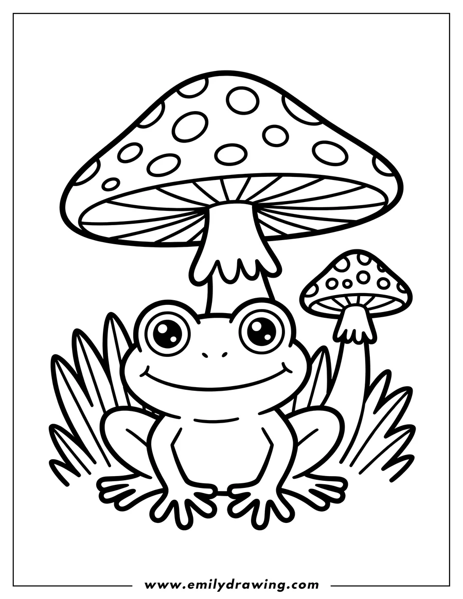 Outline of a smiling frog sitting near two spotted mushrooms and some grass.