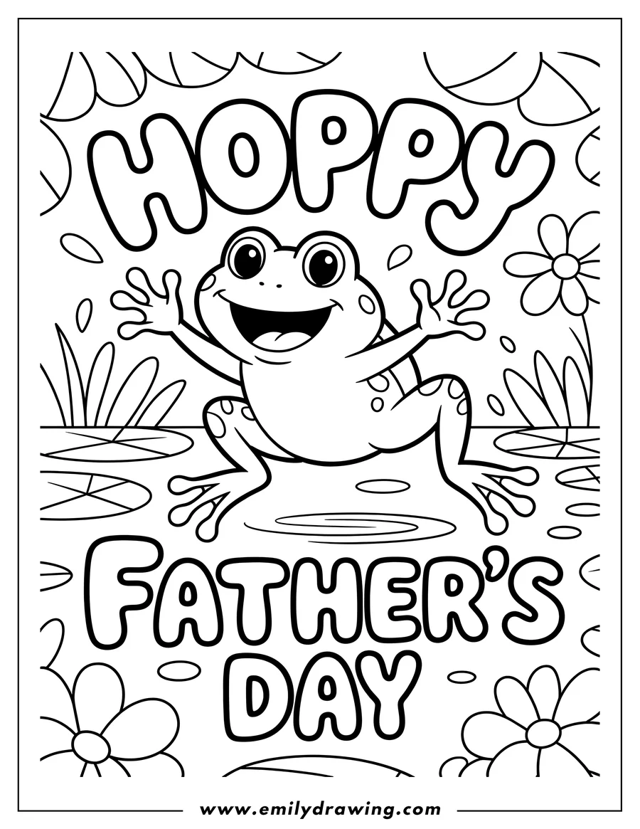 Line art of a cheerful frog with the words 'Happy Father's Day'. The scene is decorated with lily pads and flowers.