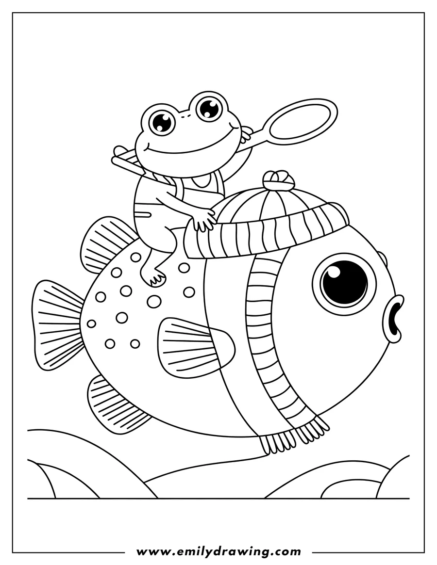 Outline of a frog riding a pufferfish wearing a striped winter hat. The frog holds a net.