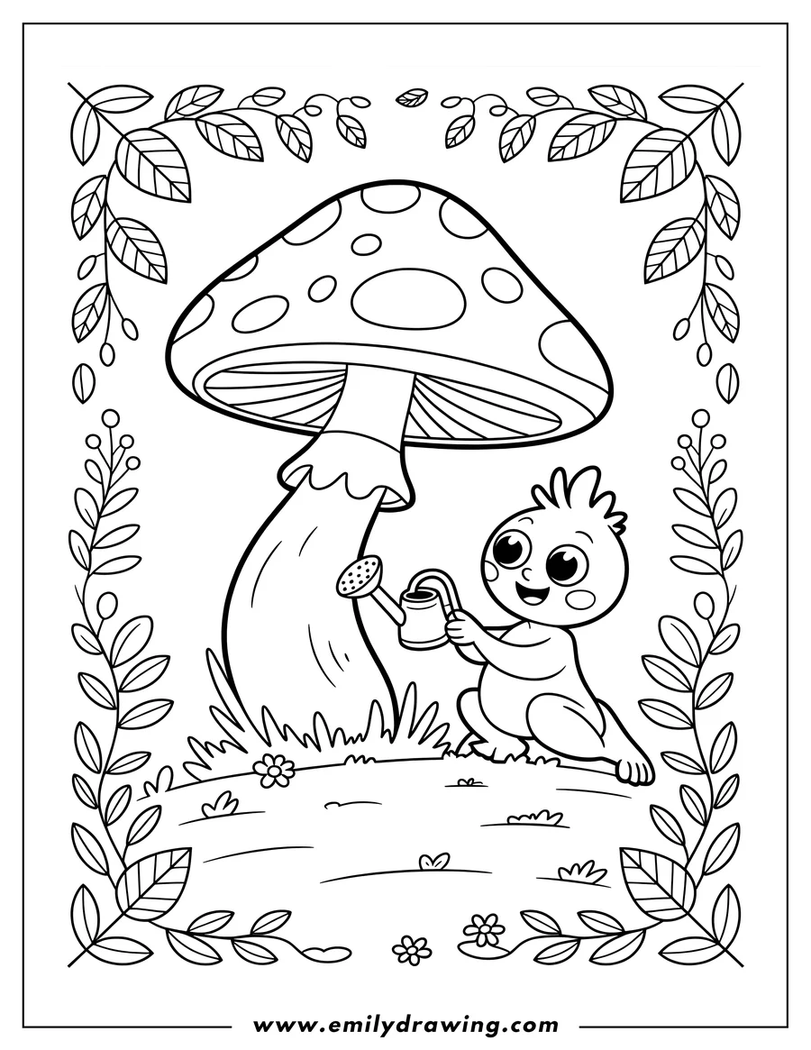 Line art of a frog watering a large spotted mushroom with a watering can, surrounded by grass and small flowers.