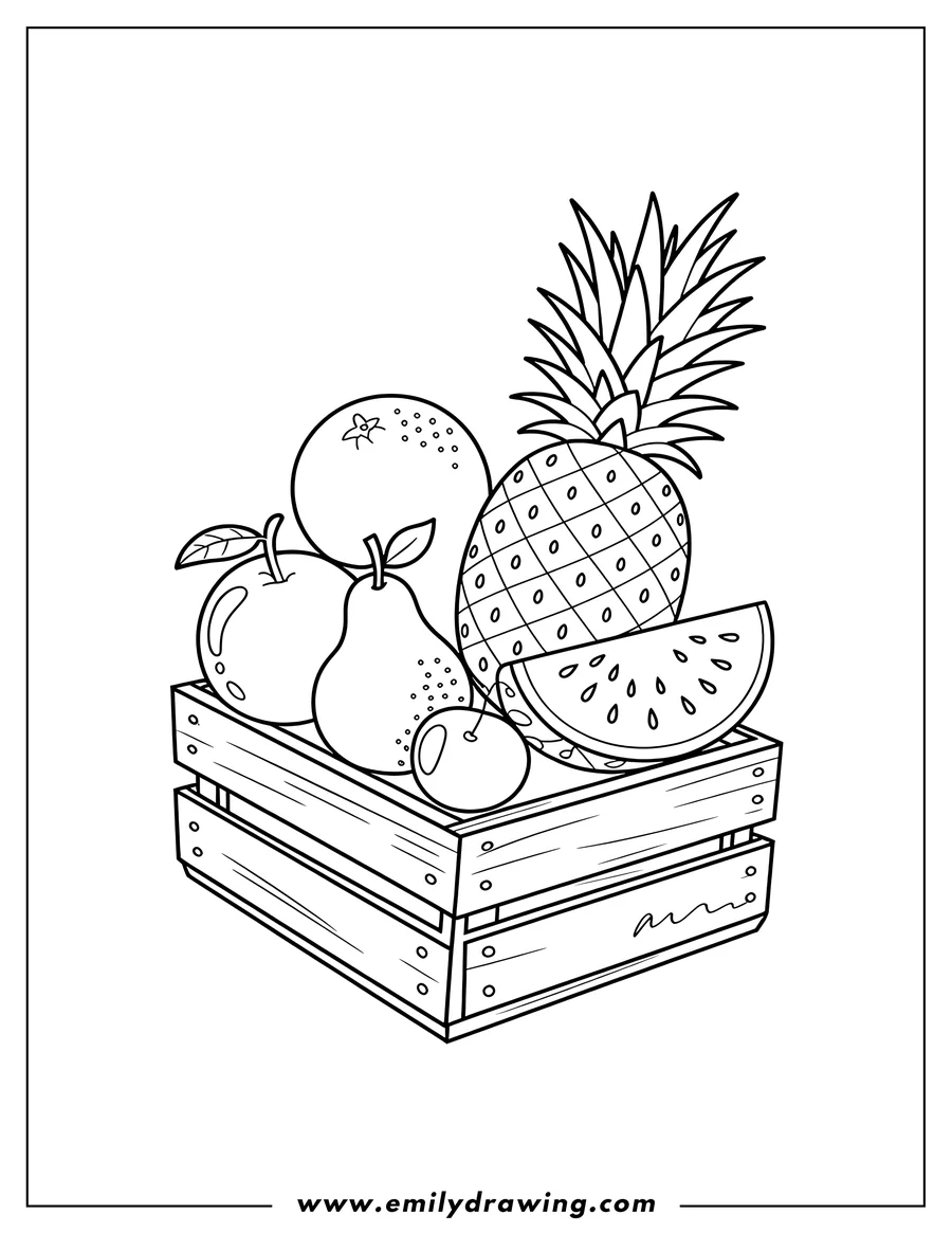 Line art of various fruits arranged in a wooden crate. The fruits include a pineapple, a sliced watermelon, an orange, an apple, a pear, and cherries.
