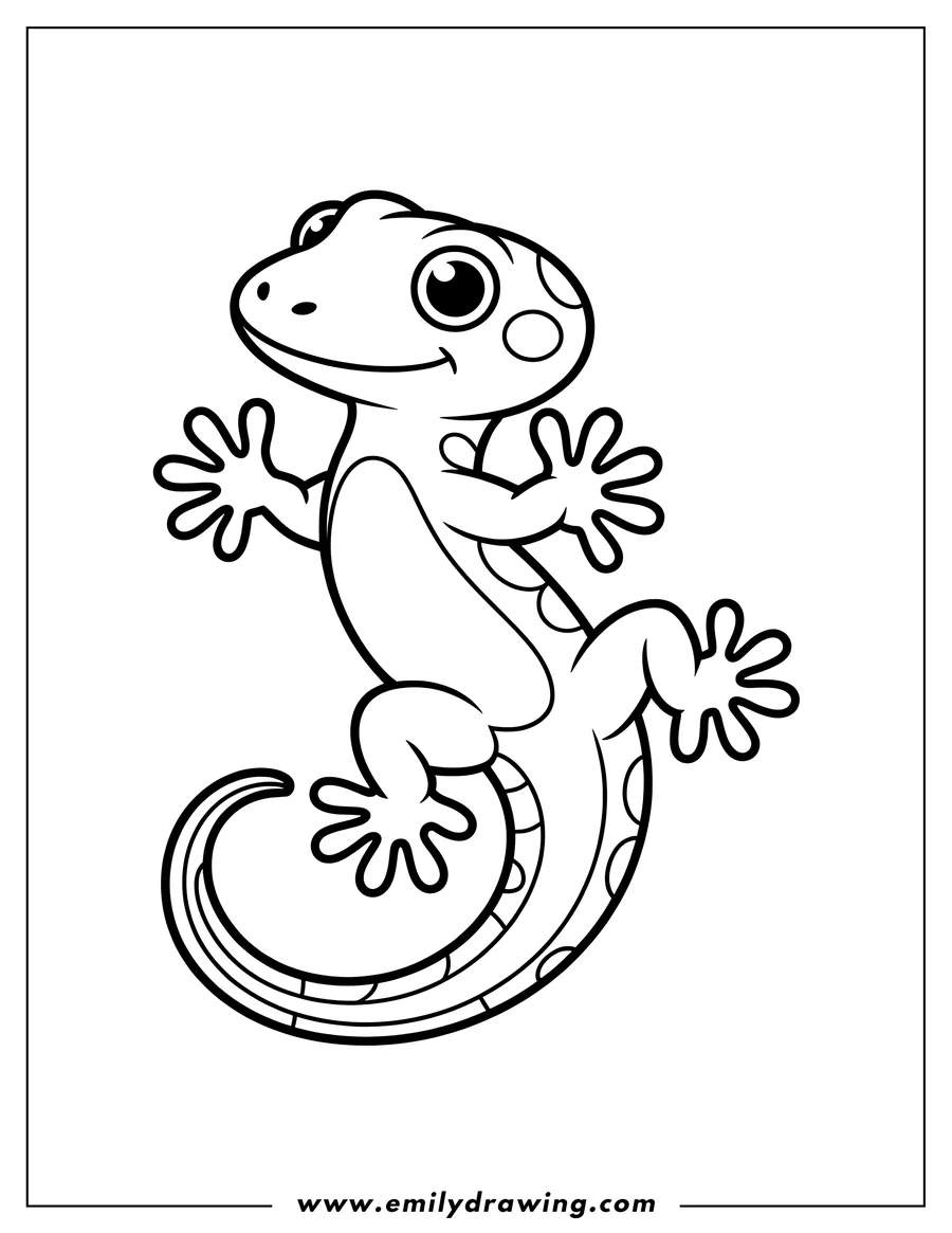 Line art of a gecko with spots and a curled tail.