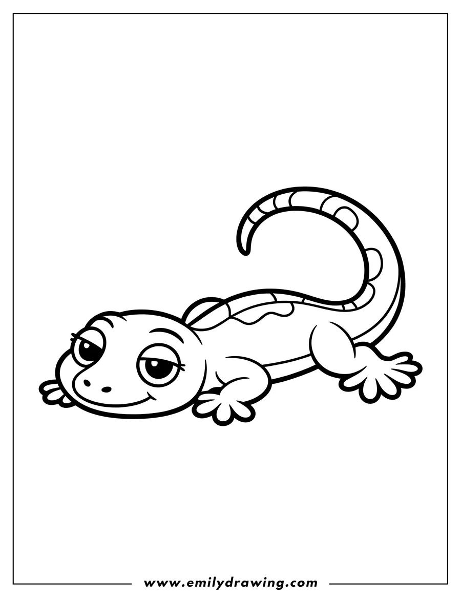 Outline of a gecko with a curled tail, ready to be colored.