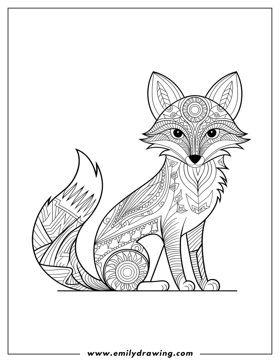 Line art of a fox with a geometric pattern. It's sitting and looking forward.