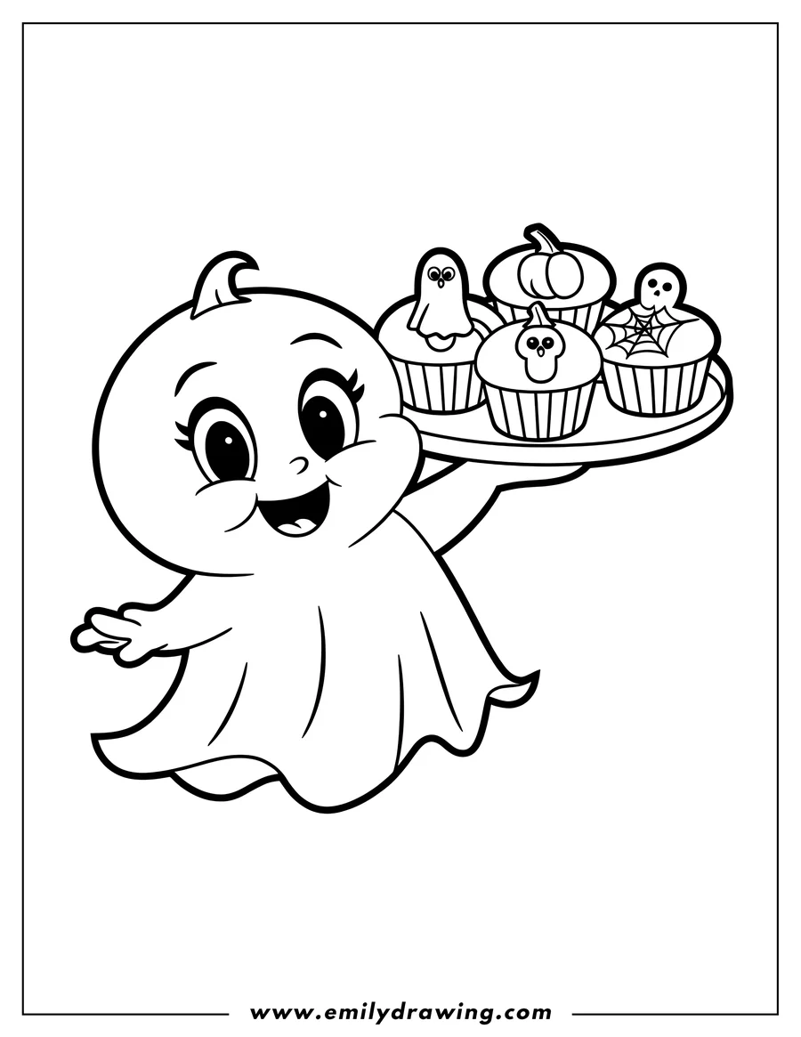Line art of a friendly ghost holding a platter of Halloween cupcakes decorated with a ghost, pumpkin, and spiderweb.