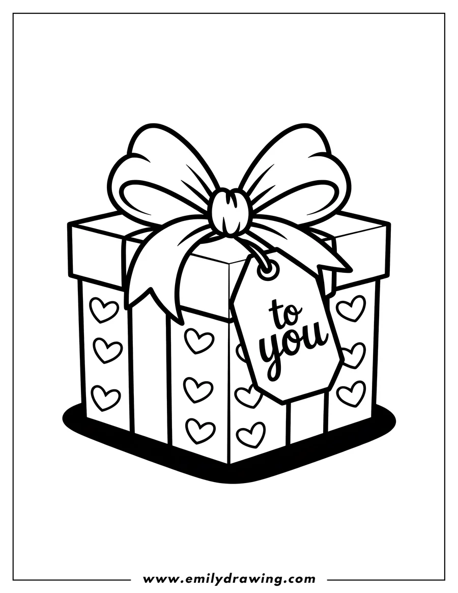 Outline of a gift box with a bow, a gift tag, and small hearts printed on it.