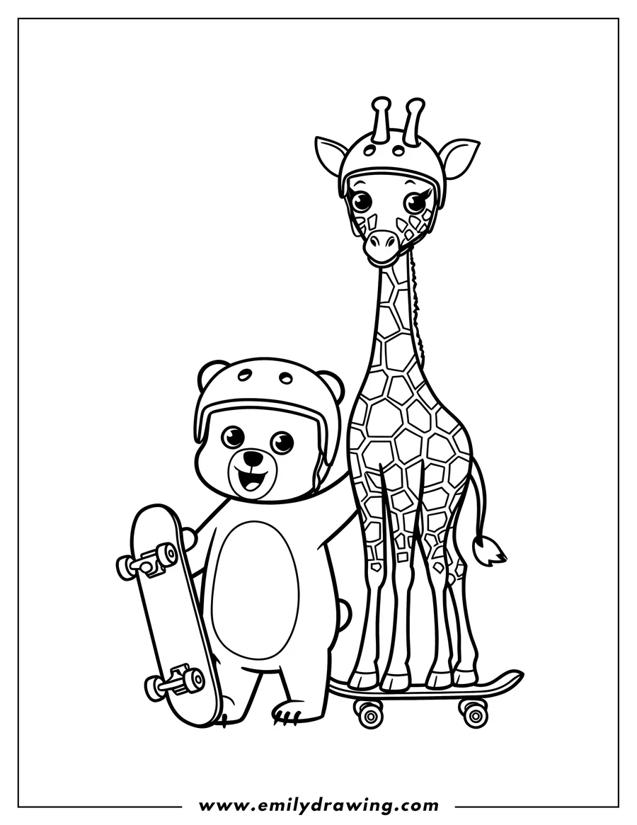 Outline of a giraffe and a bear standing together on a skateboard. Both animals wear helmets.