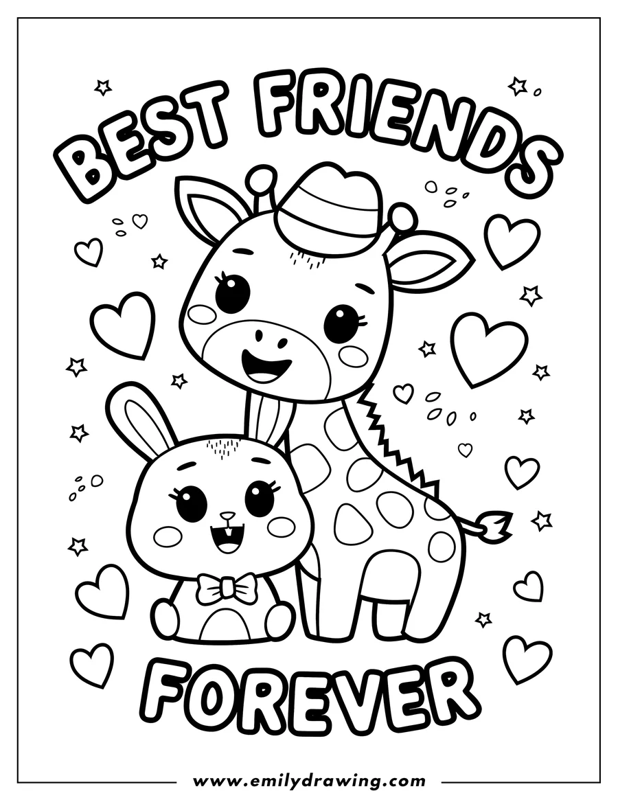 Line art of a giraffe wearing a hat and a bunny wearing a bow tie, positioned side by side. Hearts and stars decorate the background, and the words 'Best Friends Forever' are written above and below the animals.