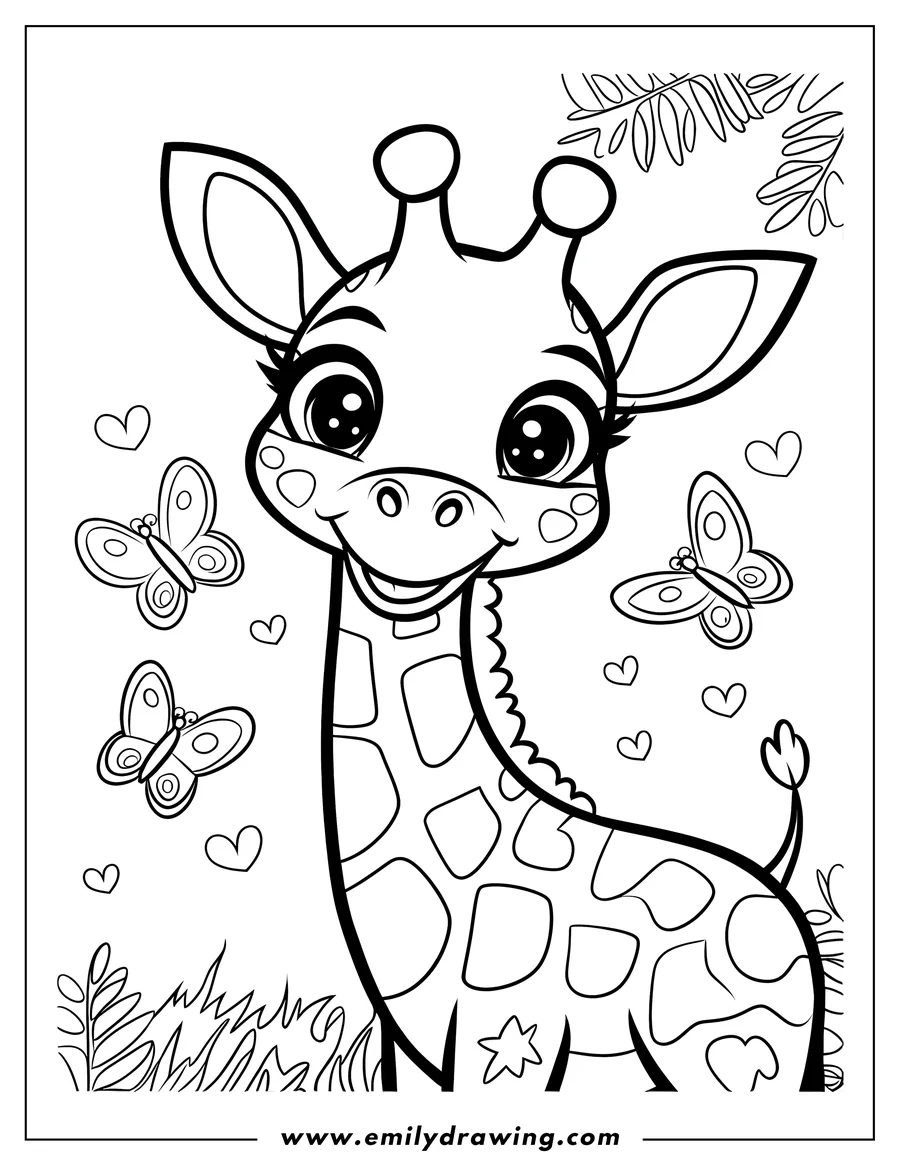 Outline of a young giraffe surrounded by butterflies and hearts. Simple line art style, perfect for coloring.
