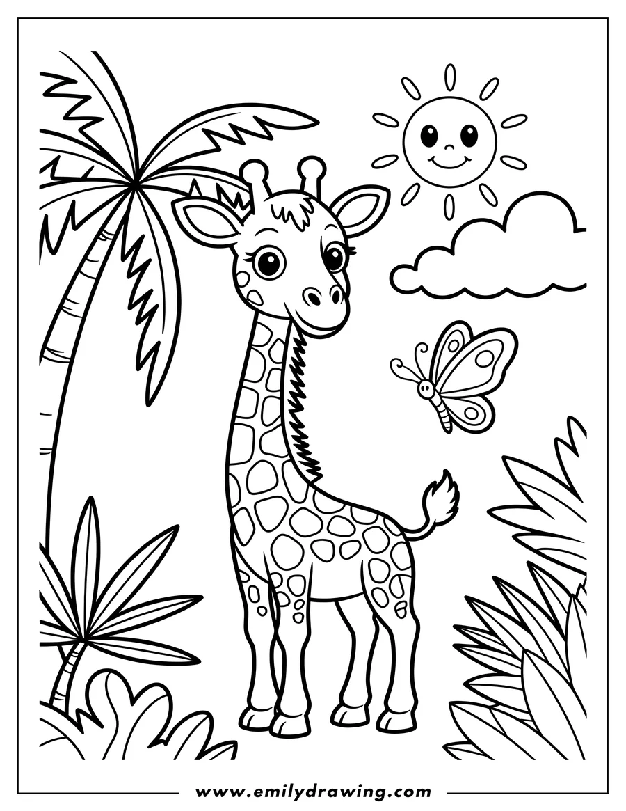 Outline of a giraffe and a butterfly near a palm tree. A smiling sun and clouds are in the sky.