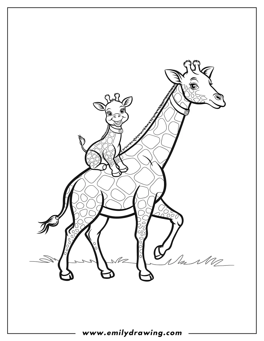 Outline of a mother giraffe with her calf sitting on her back.