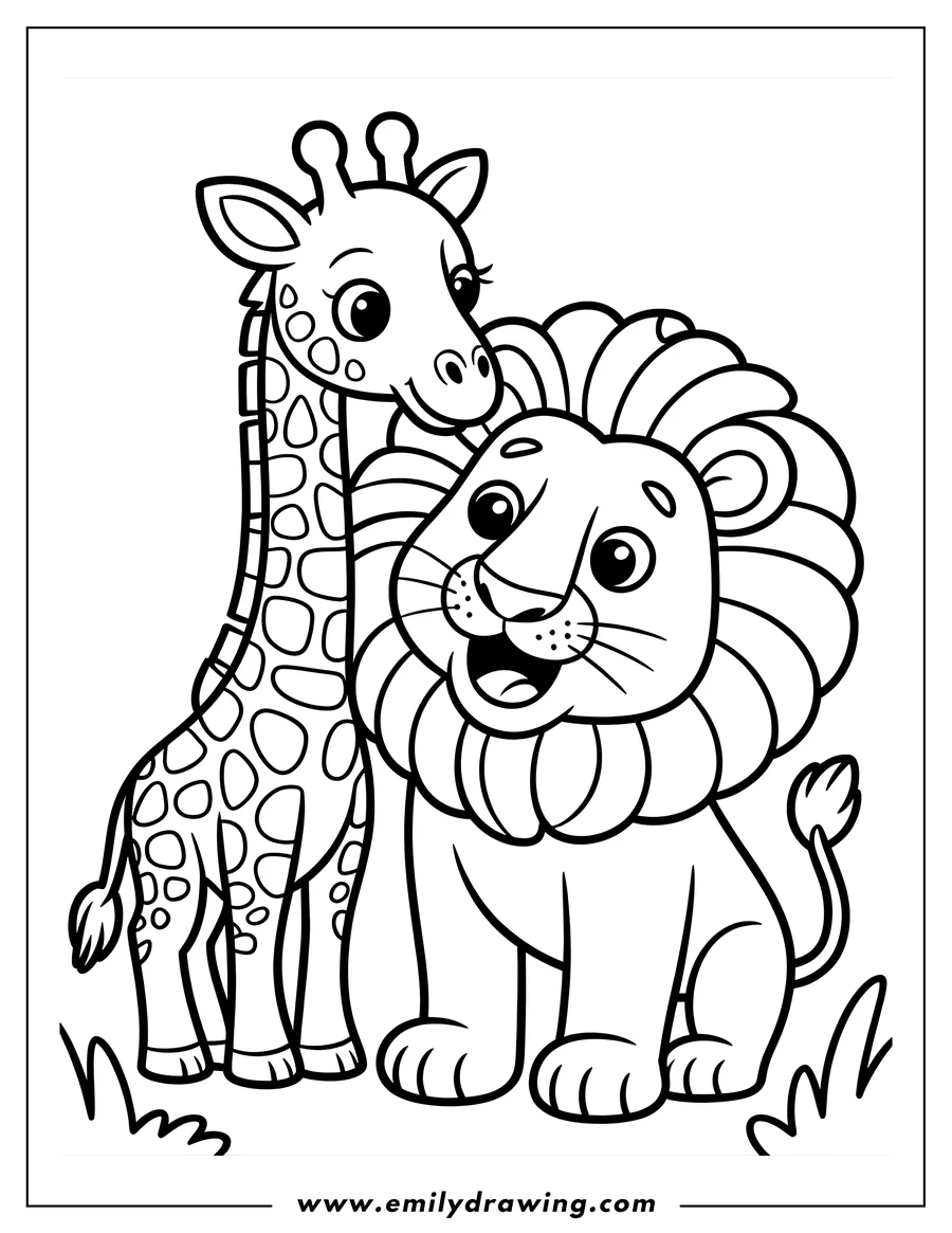 Outline of a friendly giraffe and lion standing together in the grass.