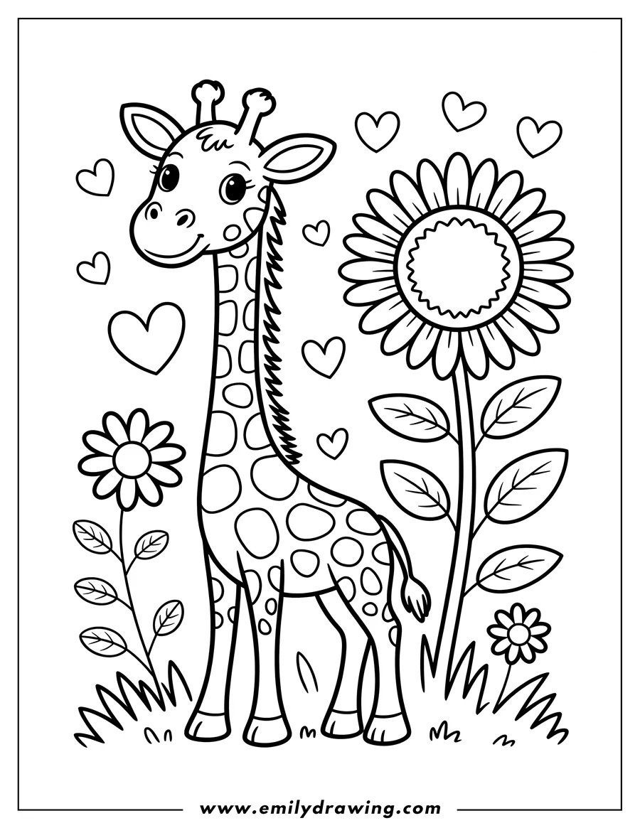 Outline of a giraffe standing near a tall sunflower and smaller flowers, with hearts scattered around