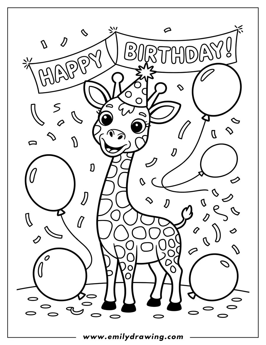 Line art of a giraffe wearing a party hat at a birthday celebration with balloons and confetti.