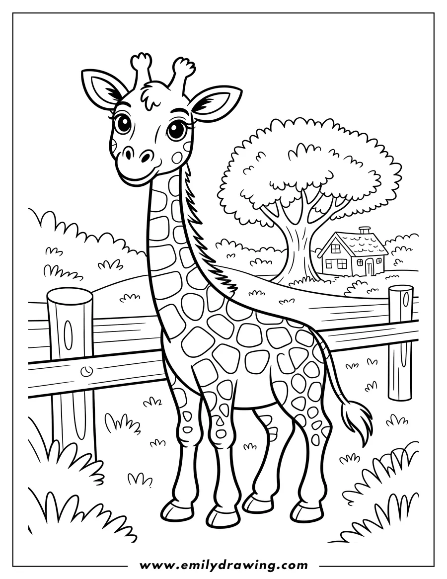 Outline of a giraffe standing by a wooden fence. There's a tree and a small house in the background.