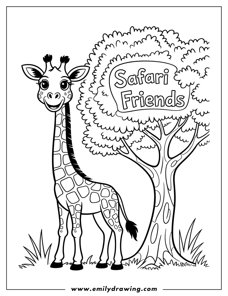 Outline of a giraffe standing near a large tree. The tree has 'Safari Friends' written on it.