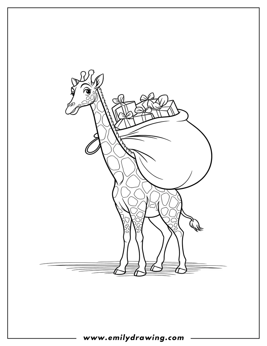 Outline of a giraffe carrying a large sack filled with wrapped gifts.