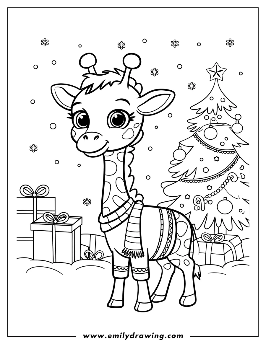 Outline of a baby giraffe wearing a scarf and patterned sweater by a decorated Christmas tree and presents, with snowflakes falling around it.